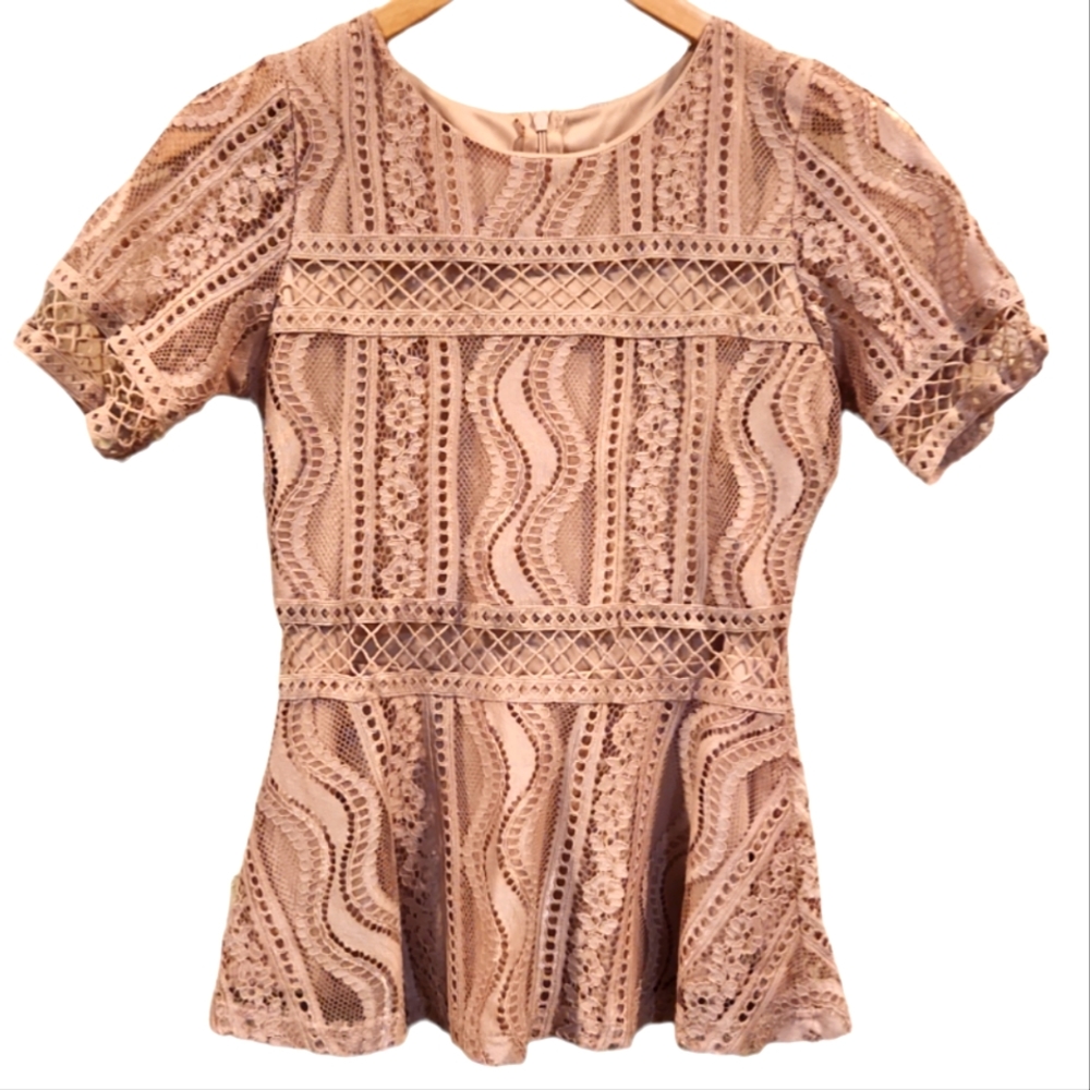 CKLASS S BLUSH EMBROIDERED LACE COQUETTE PEPLUM TOP